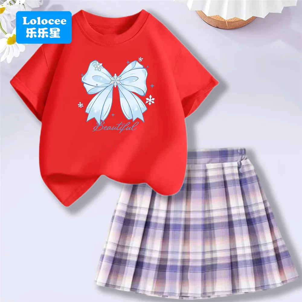 Girls’ T-Shirt & Plaid Skirt Set – 2 Piece Outfit
