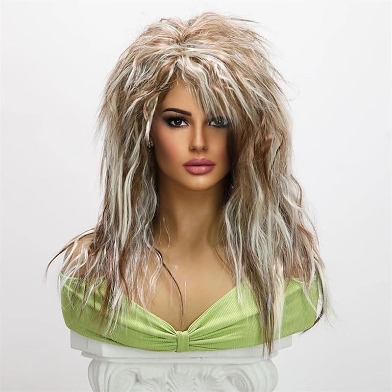 HAIRJOY 24-inch Synthetic Wig for Women  70S 80S Long Curly Brown White Wig Punk Rocket Heat Resistant Wig