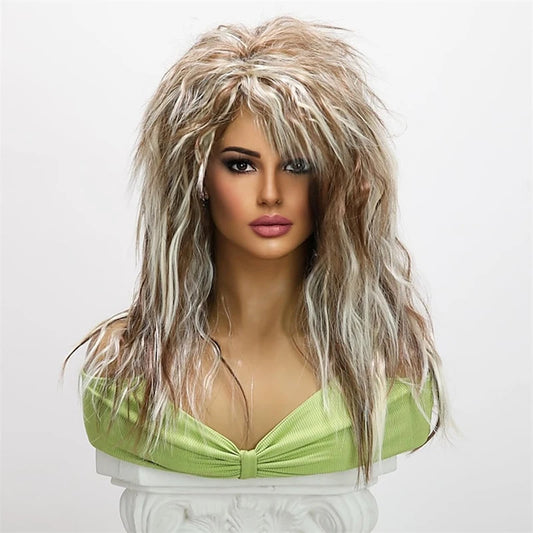 HAIRJOY 24-inch Synthetic Wig for Women  70S 80S Long Curly Brown White Wig Punk Rocket Heat Resistant Wig
