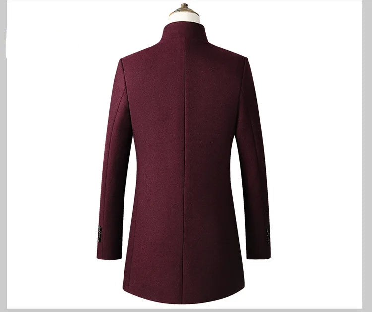 Maroon coat on a mannequin with 'BACK' text and Chinese characters on a white background