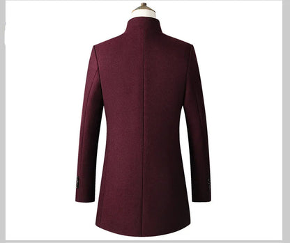 Maroon coat on a mannequin with 'BACK' text and Chinese characters on a white background