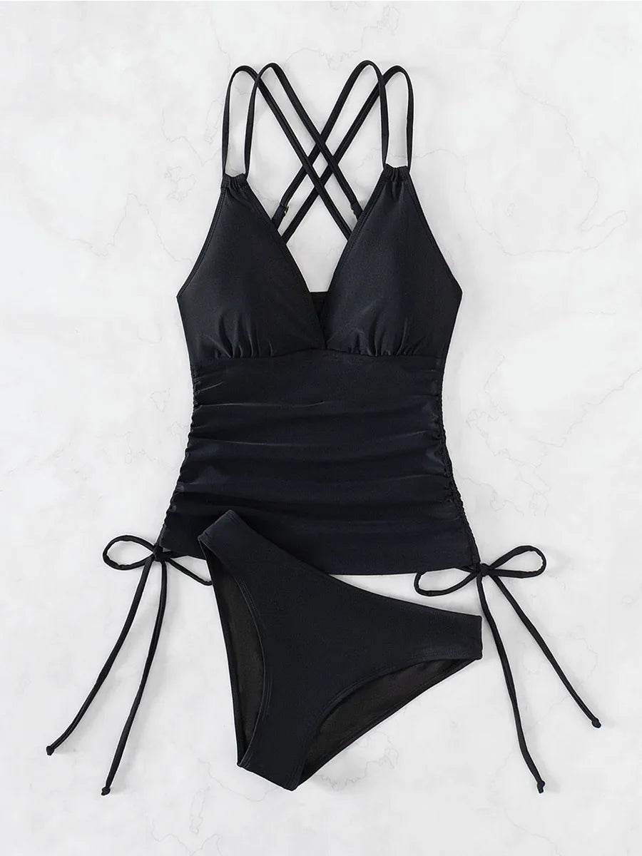 Women’s Lace-Up Tankini Set – High-Waist Two-Piece Swimsuit