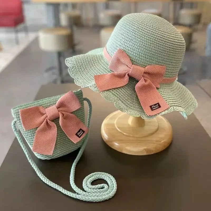 Kids Straw Hat & Bag Set – Summer Bow Sun Hat with Matching Crossbody Purse