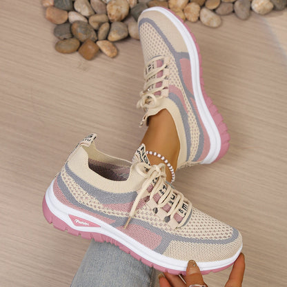 Women’s Lightweight Patchwork Lace-Up Sneakers – Casual Travel Walking Shoes