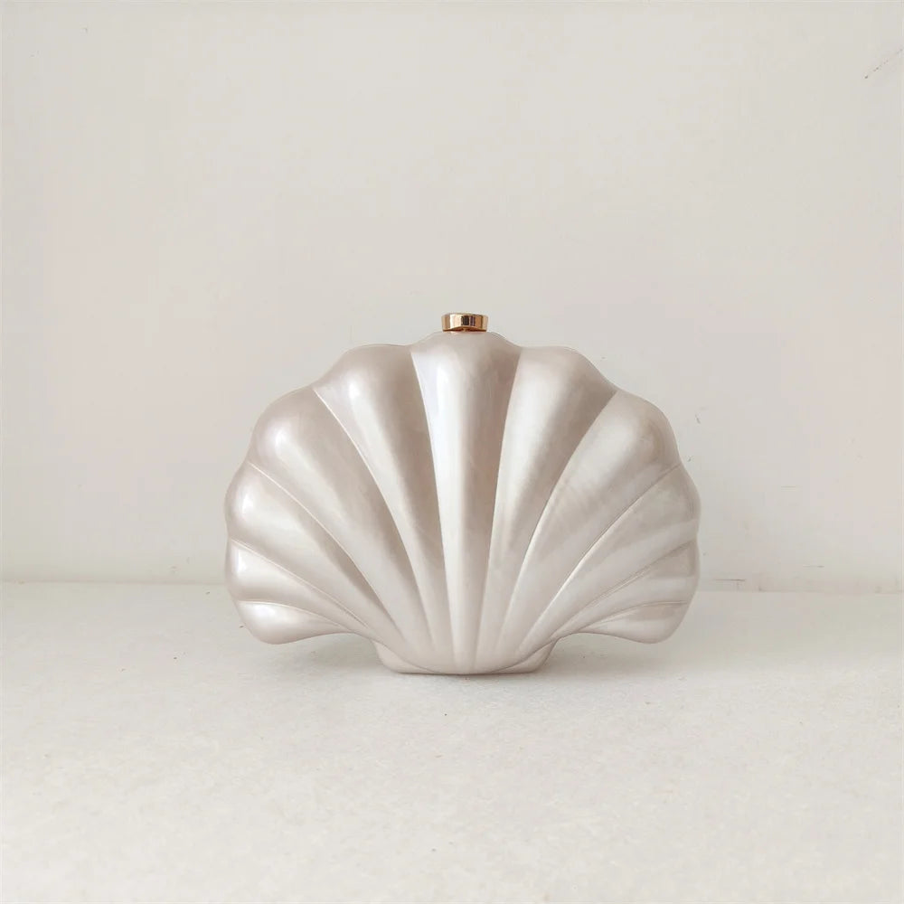Shell Clutch Evening Bag – Beaded Handle, Formal Elegance