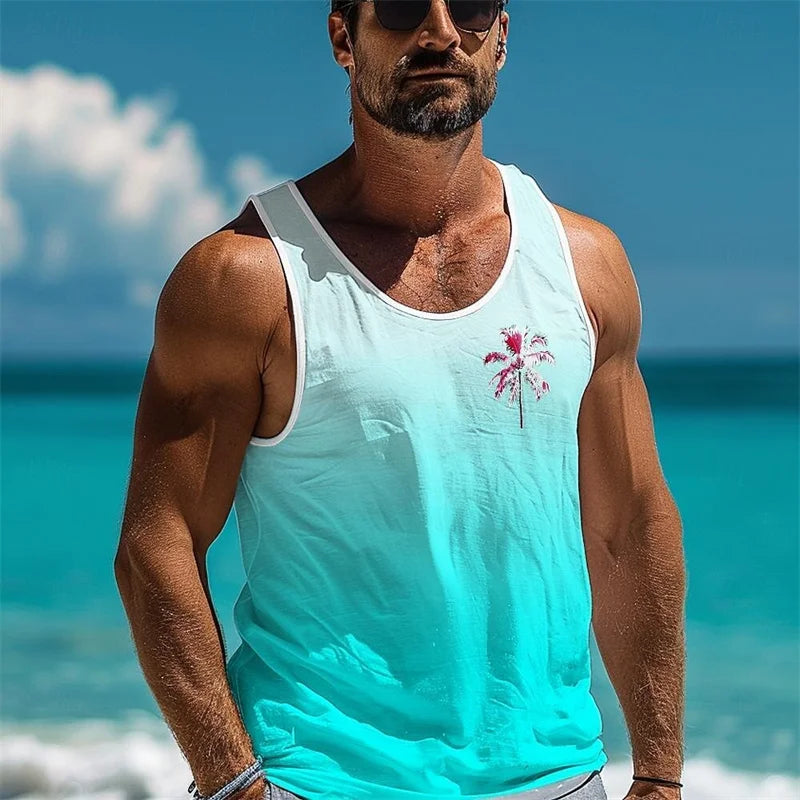 Men’s Gradient Palm Tank Top – Sleeveless Quick-Dry Beach Vest - The Dock Drop