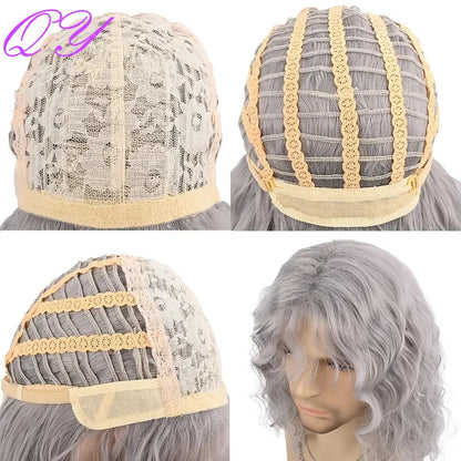 Synthetic Men Wig Natural Curly Dark Brown Color Male Wig With Bangs Water Wave Daily or Cosplay Adjustable Man Hair Wig