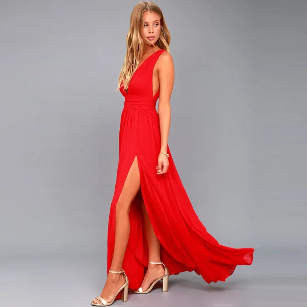 Backless Deep-V Chiffon Maxi Dress – Flowy Slit Evening Gown