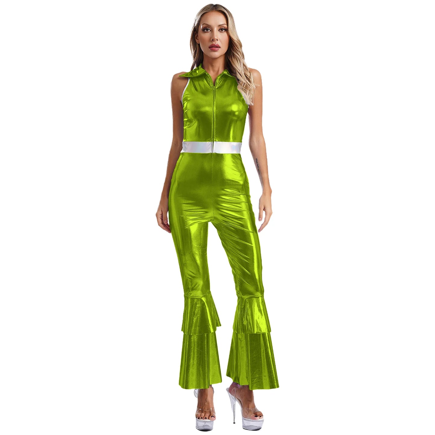 Women’s 70s Metallic Disco Jumpsuit – Sleeveless High – Waist Flared Costume – Green – XL