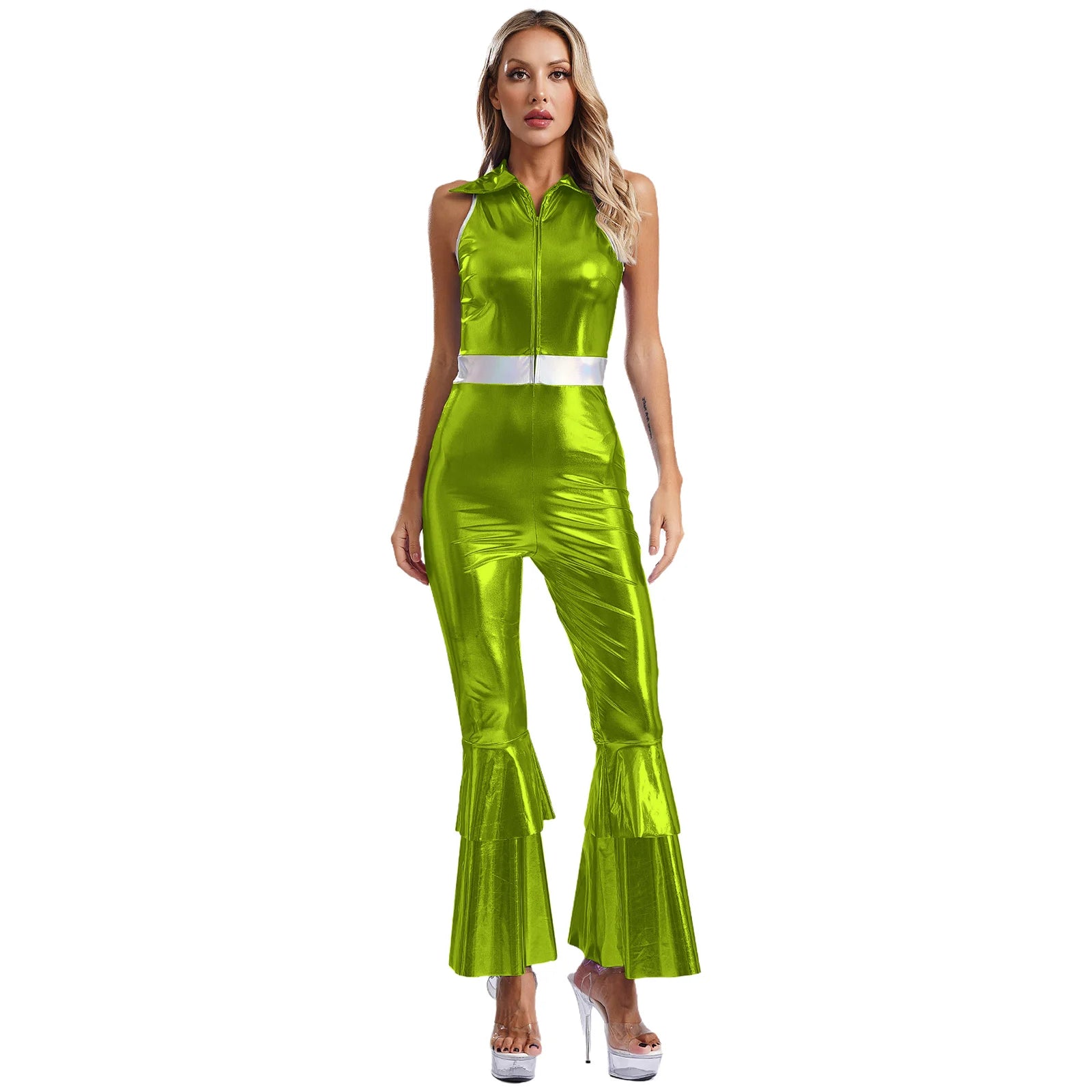 Women’s 70s Metallic Disco Jumpsuit – Sleeveless High – Waist Flared Costume – Green – XL