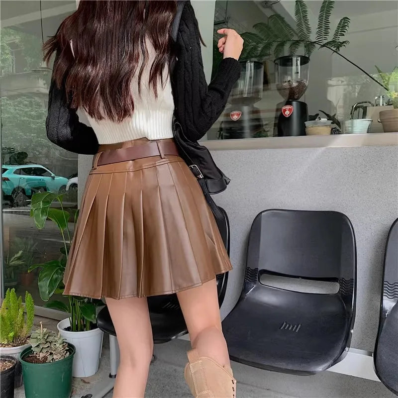 Women’s Pleated PU Mini Skirt with Belt – High-Waist, A-Line