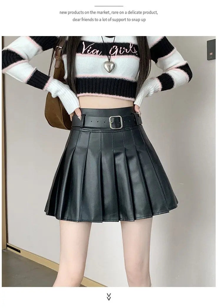Women’s Pleated PU Mini Skirt with Belt – High-Waist, A-Line
