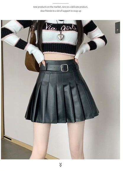 Women’s Pleated PU Mini Skirt with Belt – High-Waist, A-Line
