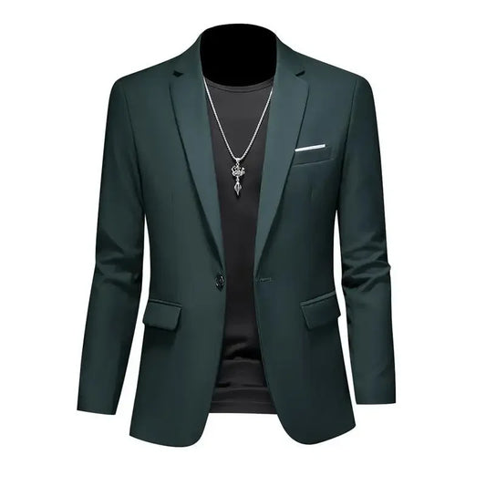 Green blazer with a necklace on a white background