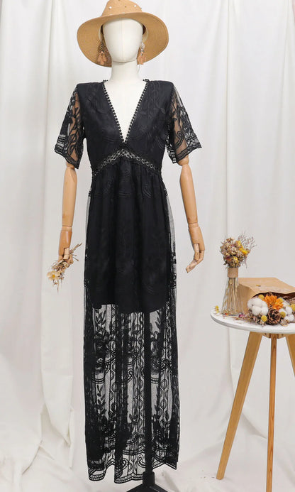 Women’s Embroidered Lace Maxi Dress – Elegant White Boho Beach Style