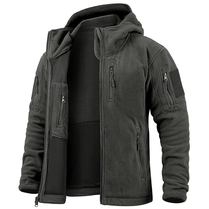 Men’s Fleece Zip-Up Hooded Jacket – Warm, Multi-Pocket, Outdoor Ready