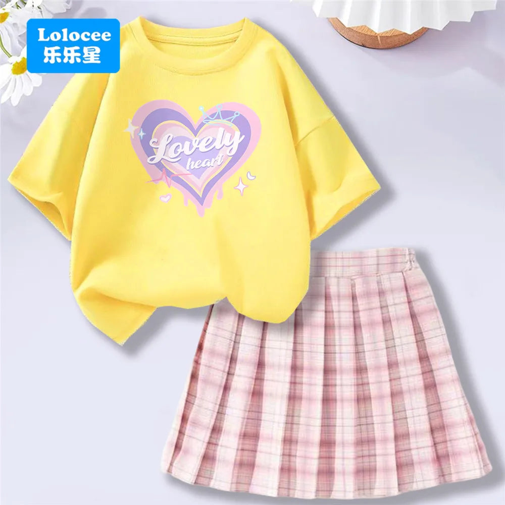 Girls’ T-Shirt & Plaid Skirt Set – 2 Piece Outfit