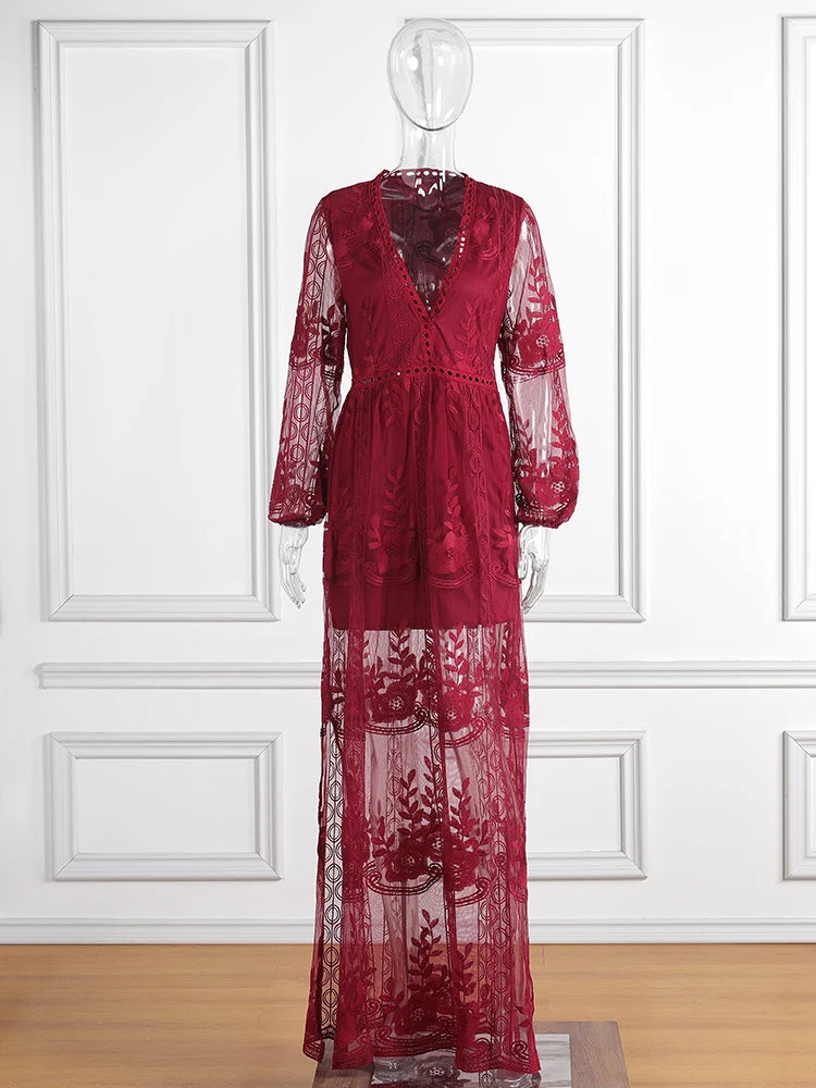 Women’s Embroidered Lace Maxi Dress – Elegant White Boho Beach Style