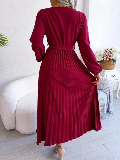 Women’s Pleated V-Neck Maxi Dress – Long Sleeve, Belted Waist