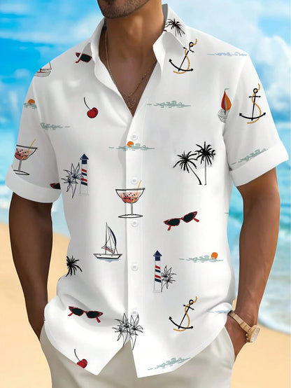 Men’s Palm Tree Print Button-Down Shirt – Short Sleeve Beach & Cruise Casual