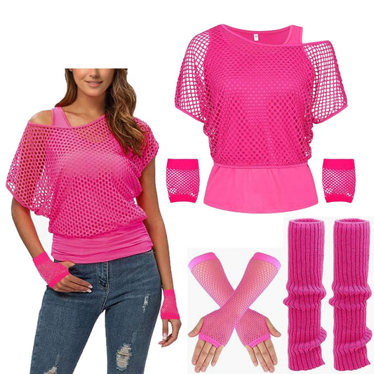 Women’s 80s Neon Mesh Top and Gloves Set – Retro Party Costume – Neon Pink Set – M