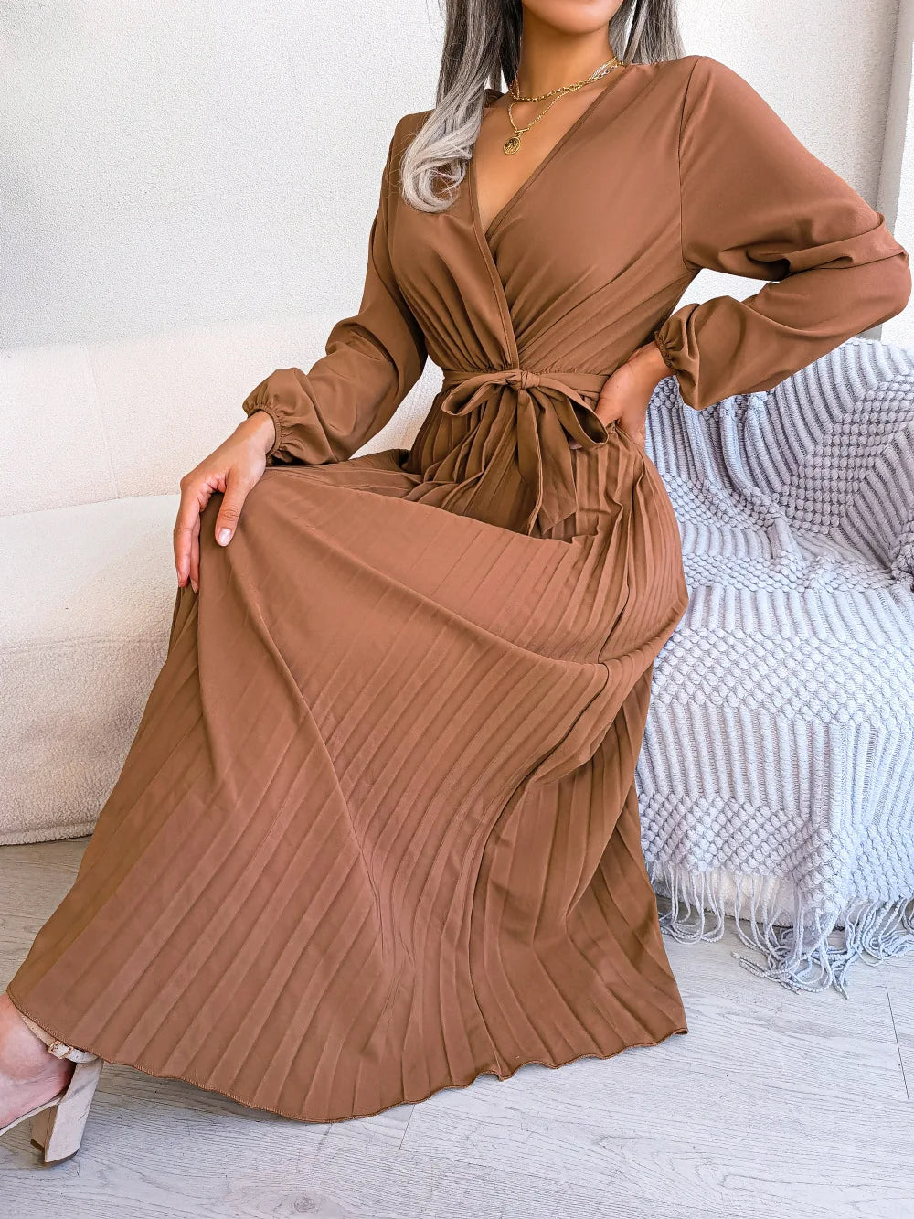 Women’s Pleated V-Neck Maxi Dress – Long Sleeve, Belted Waist