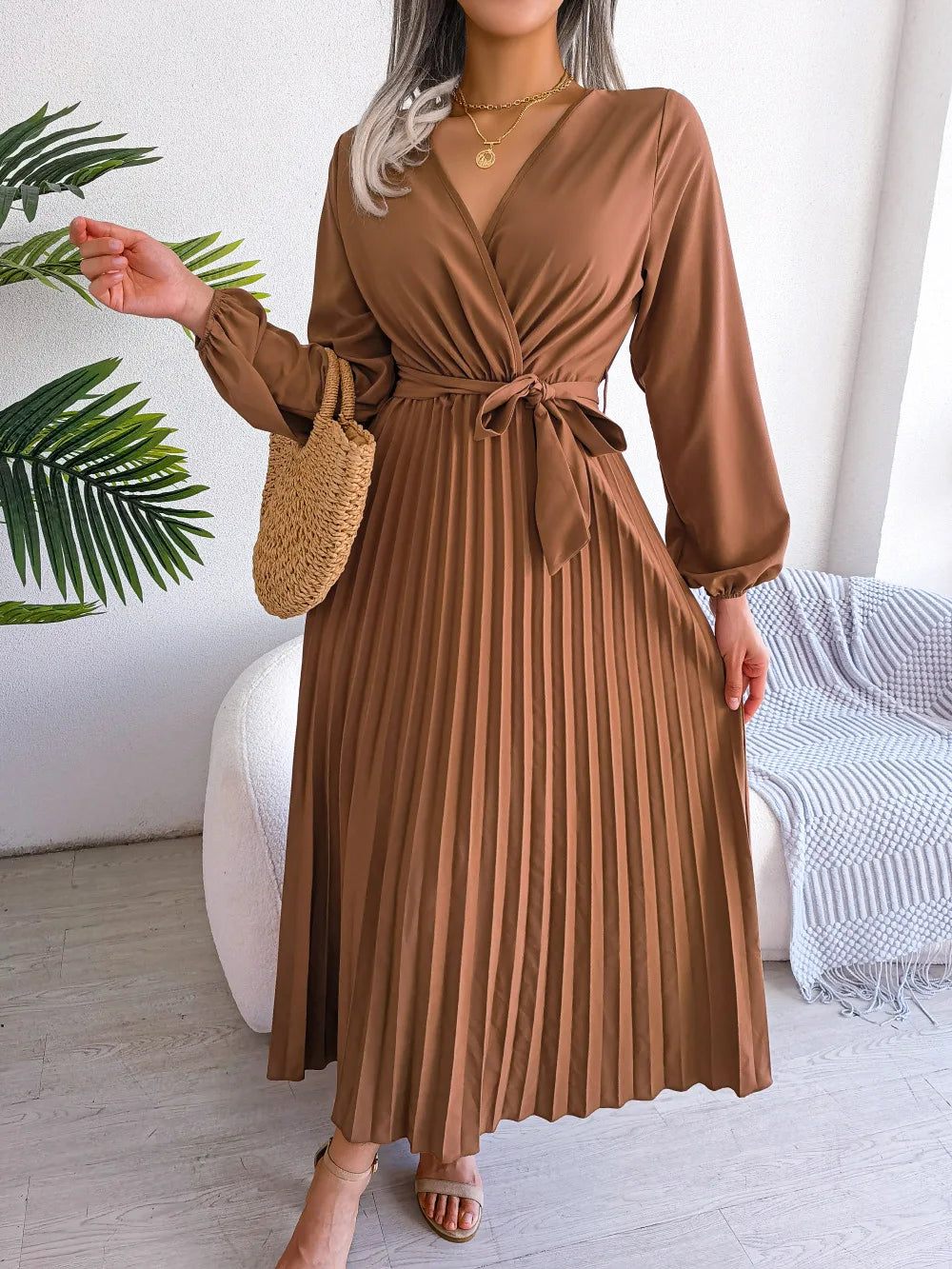 Women’s Pleated V-Neck Maxi Dress – Long Sleeve, Belted Waist