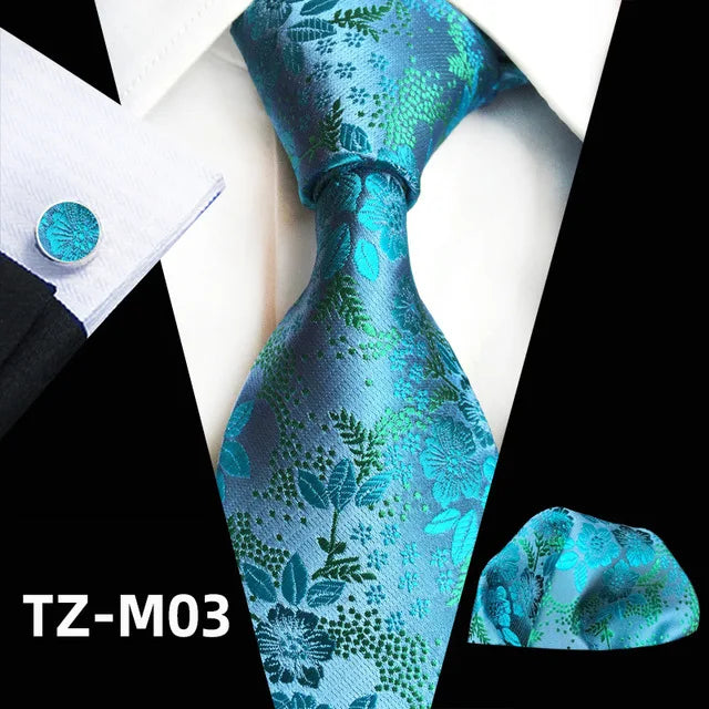 Men’s Floral Necktie Set – Tie, Pocket Square & Cufflinks