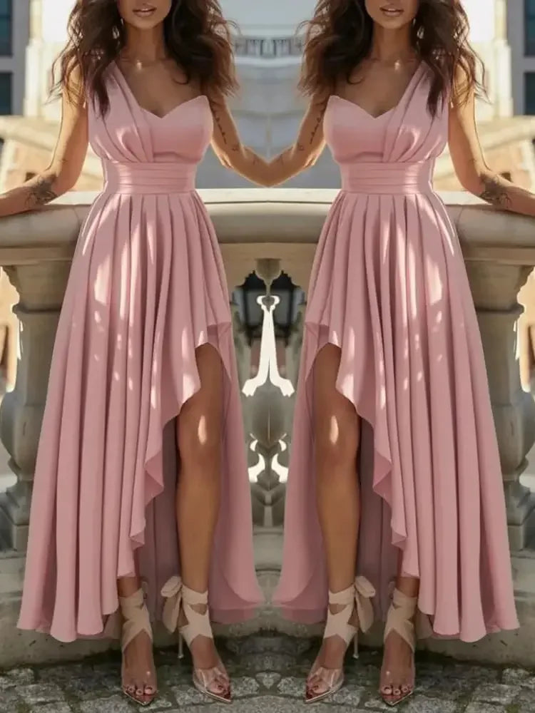 Women’s High-Low Evening Dress – V-Neck, Sleeveless, Flowing Pleated Skirt