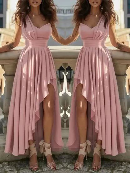 Women’s High-Low Evening Dress – V-Neck, Sleeveless, Flowing Pleated Skirt