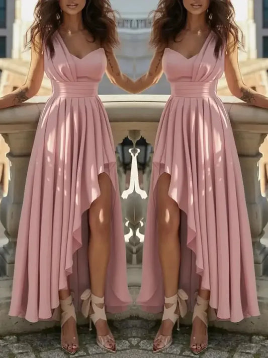 Women’s High-Low Evening Dress – V-Neck, Sleeveless, Flowing Pleated Skirt