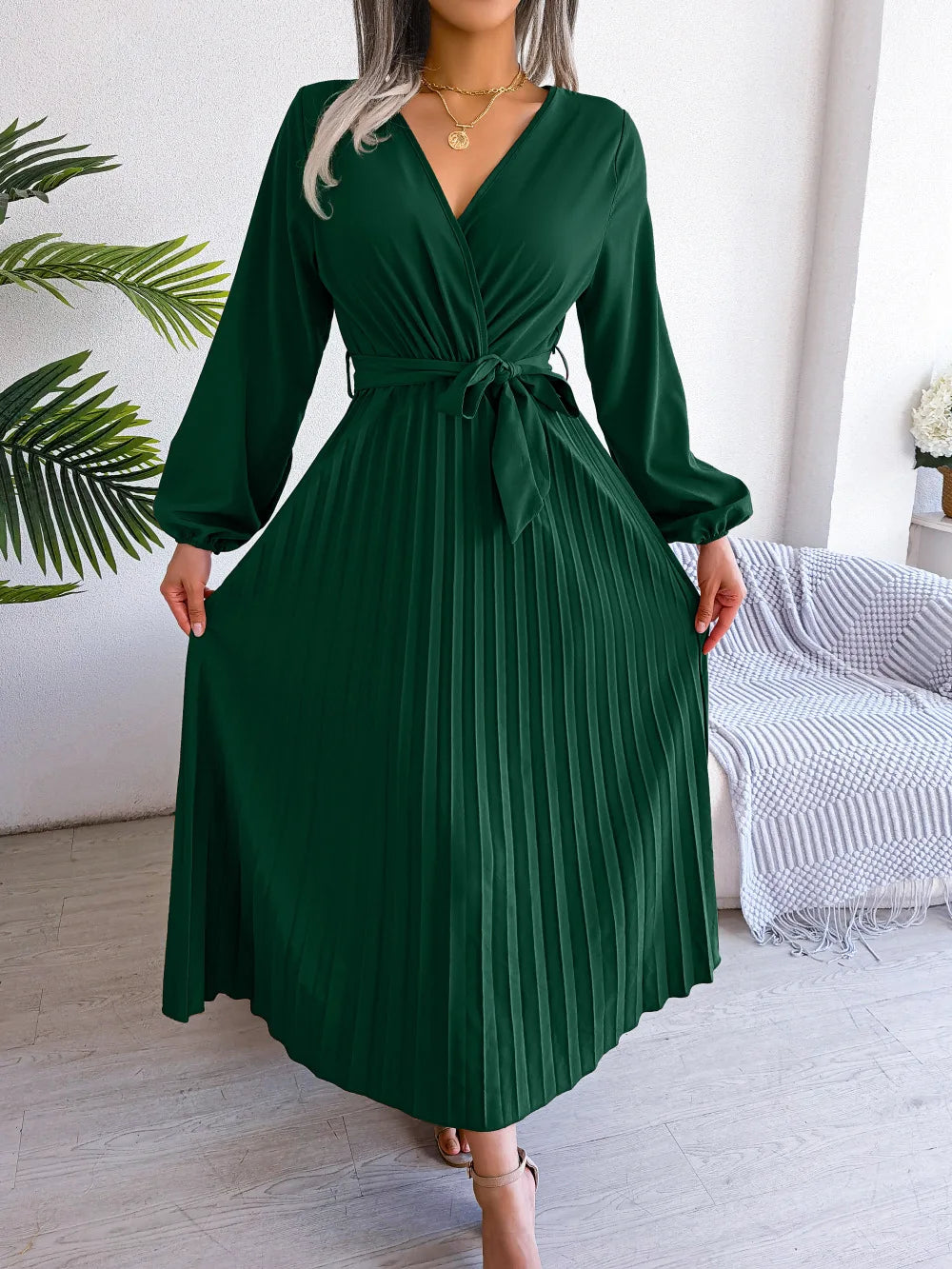 Women’s Pleated V-Neck Maxi Dress – Long Sleeve, Belted Waist