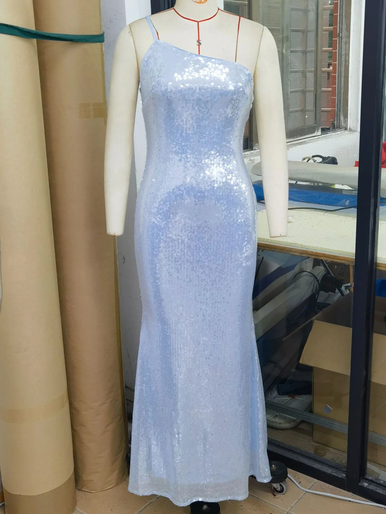 Light Blue One-Shoulder Sequin Evening Dress – Elegant Mermaid Fit