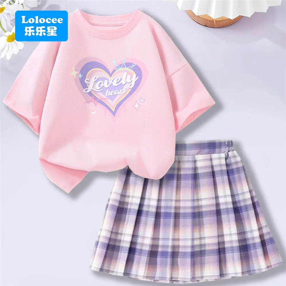 Girls’ T-Shirt & Plaid Skirt Set – 2 Piece Outfit