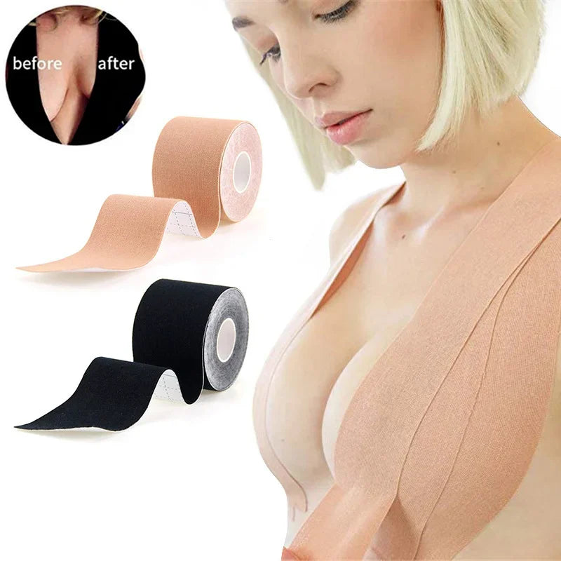 Woman wearing a beige bra with adhesive tape rolls displayed on a white background.