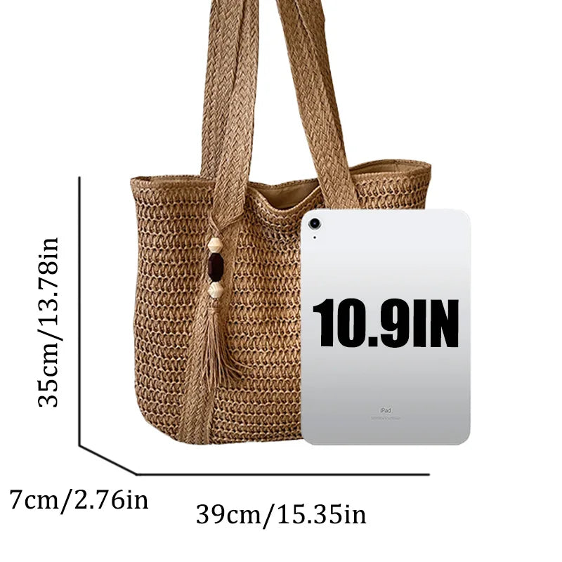 Women’s Woven Vacation Tote Bag – Lightweight Straw Beach Bag with Zipper