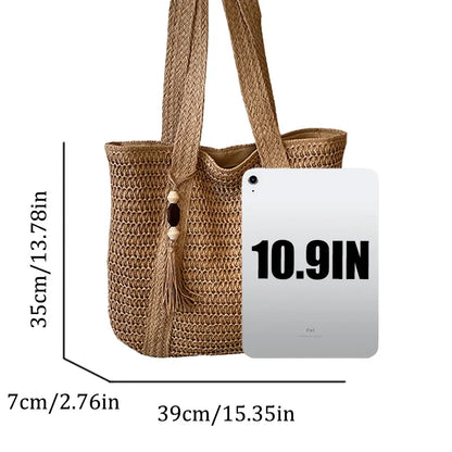 Women’s Woven Vacation Tote Bag – Lightweight Straw Beach Bag with Zipper