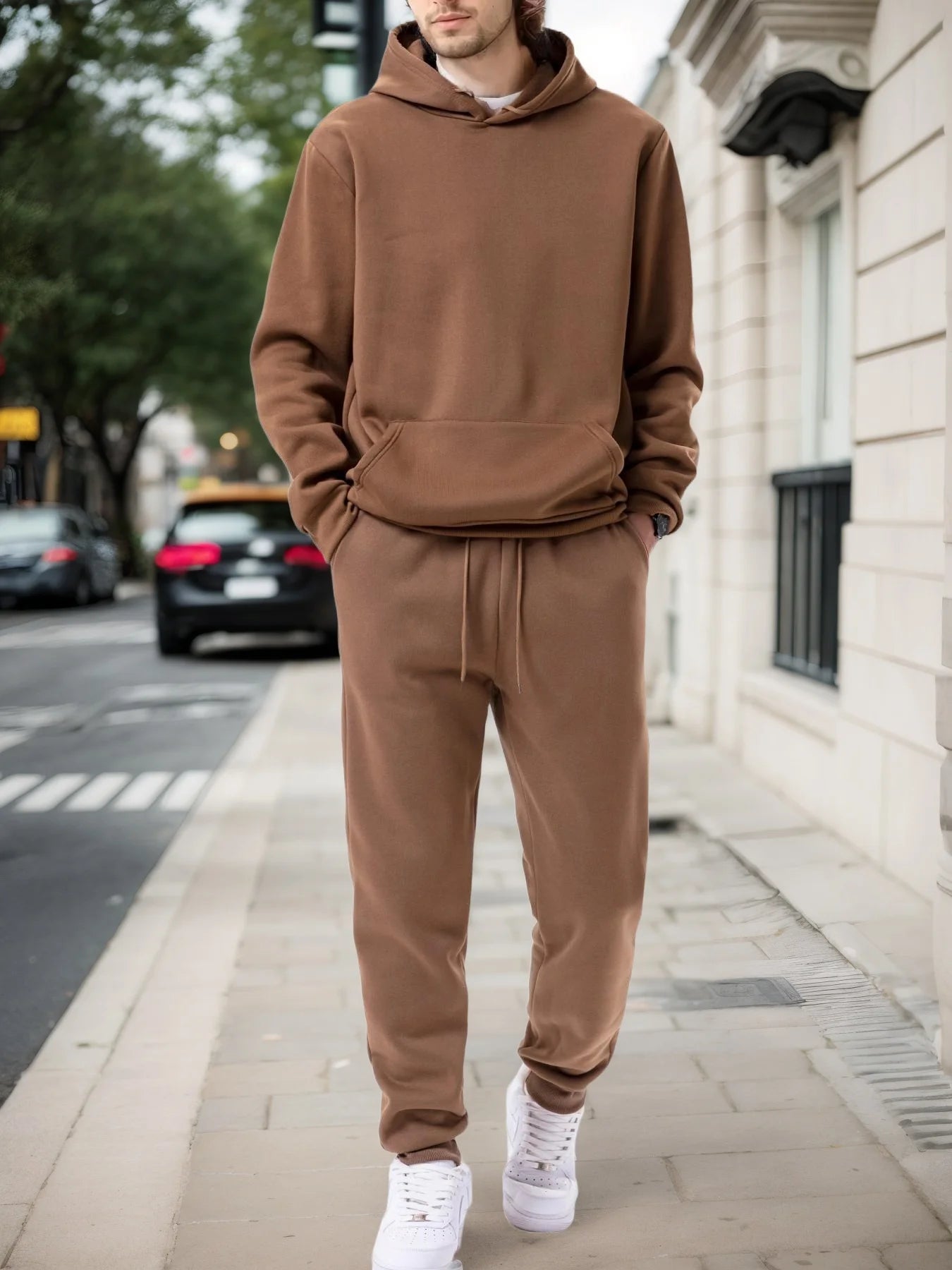 Men’s Solid Fleece Hoodie & Joggers Set – Autumn/Winter Tracksuit