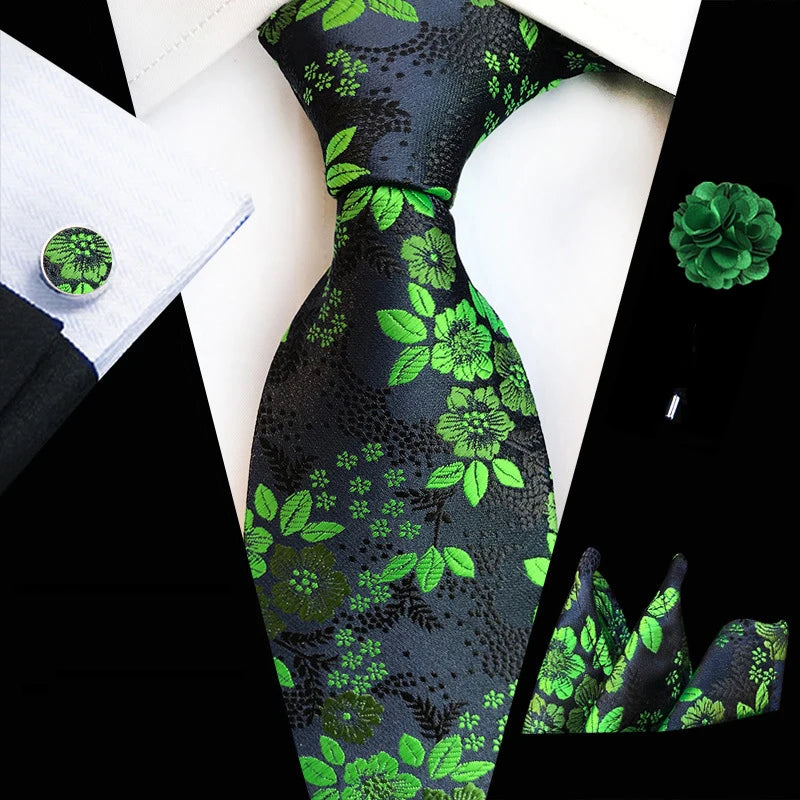 Men’s Floral Necktie Set – Tie, Pocket Square & Cufflinks