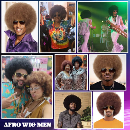Men’s 70s Disco Wig & Accessories Set – Afro Wig, Mustache, Shades & Disco Chain