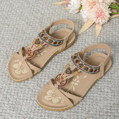 Women’s Boho Beaded Strap Sandals – Casual Summer Walking Shoes