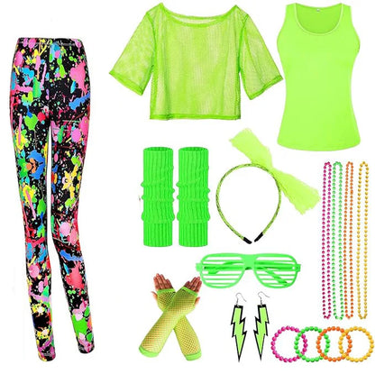Women’s 80s Workout Outfit Set – Neon Mesh Top & Leggings
