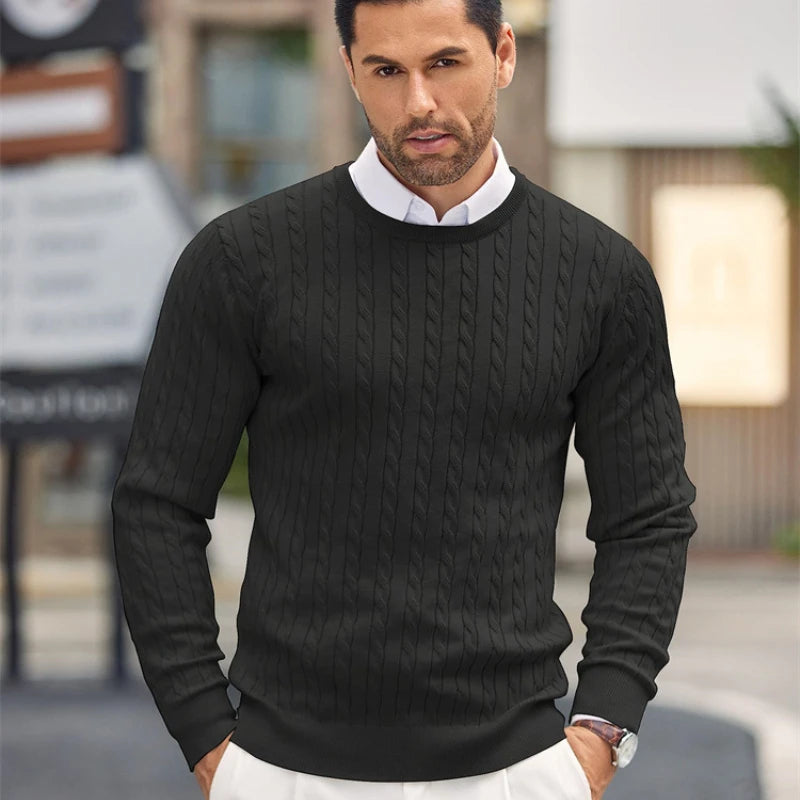 Men’s Cable Knit Pullover Sweater – Classic Crew Neck