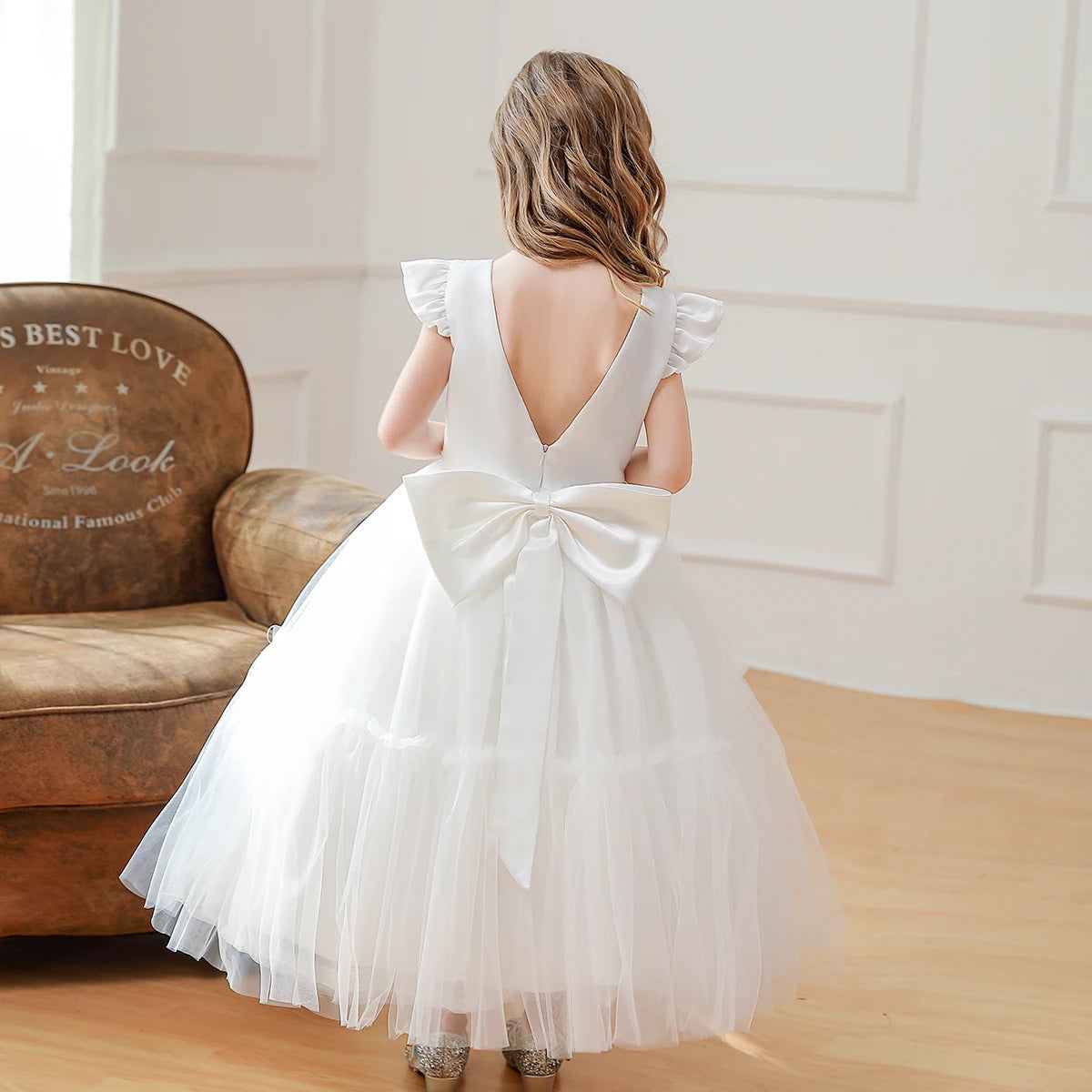 Girls’ White Bow A-Line Dress