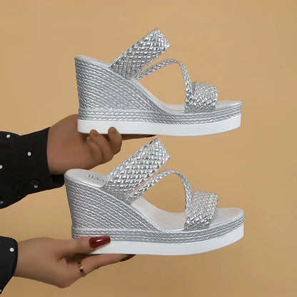 Women’s Braided Wedge Sandals – Slip – on Platform Summer Heels