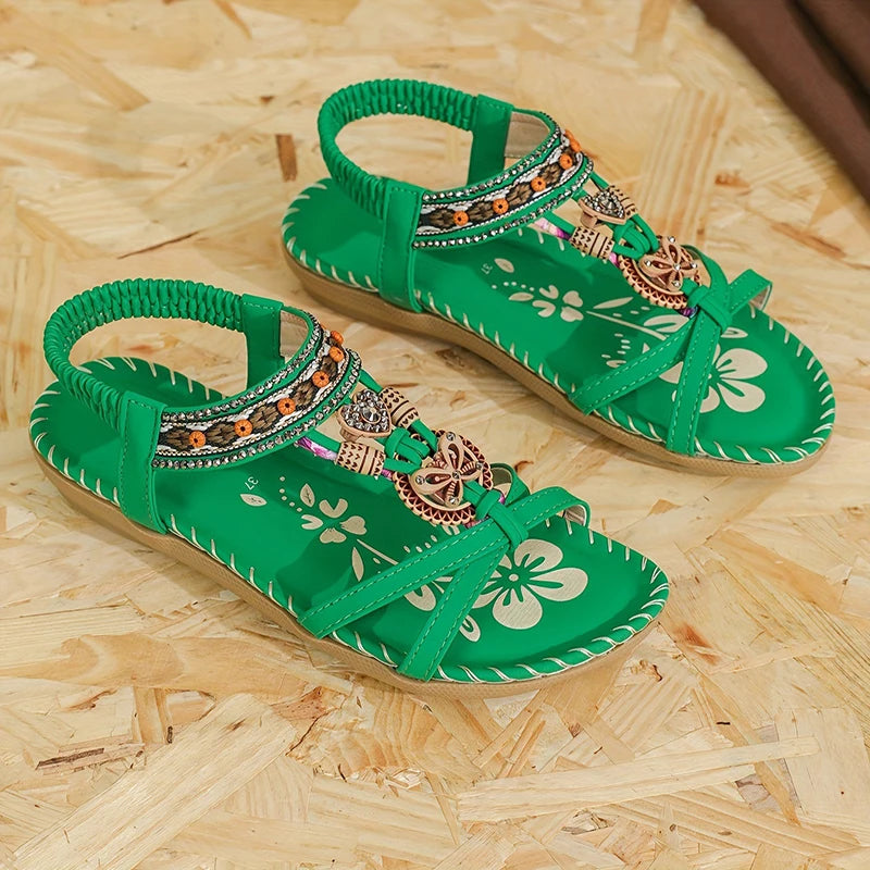 Women’s Boho Beaded Strap Sandals – Casual Summer Walking Shoes