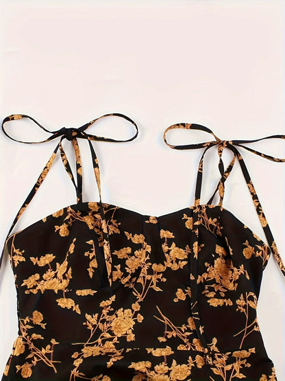 Women’s Floral A-Line Bow-Tie Dress – Sweetheart Neck, Adjustable Straps