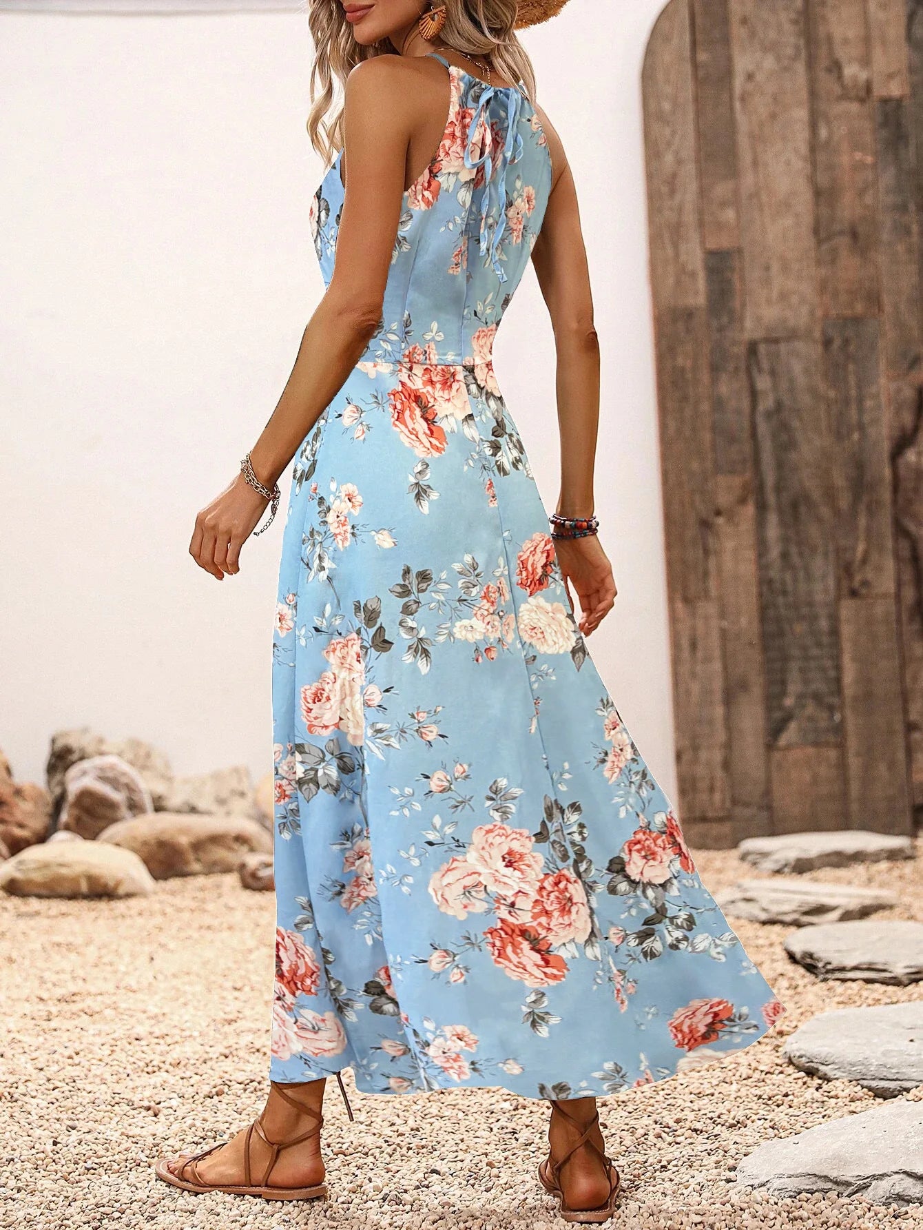Women’s Floral High-Slit Halter Dress – Sleeveless, Summer Maxi