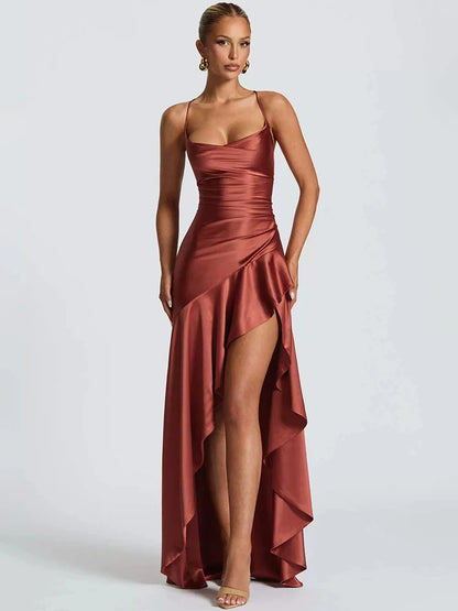 Women’s Satin Spaghetti Strap Maxi Dress – Ruffle Thigh Split, Backless