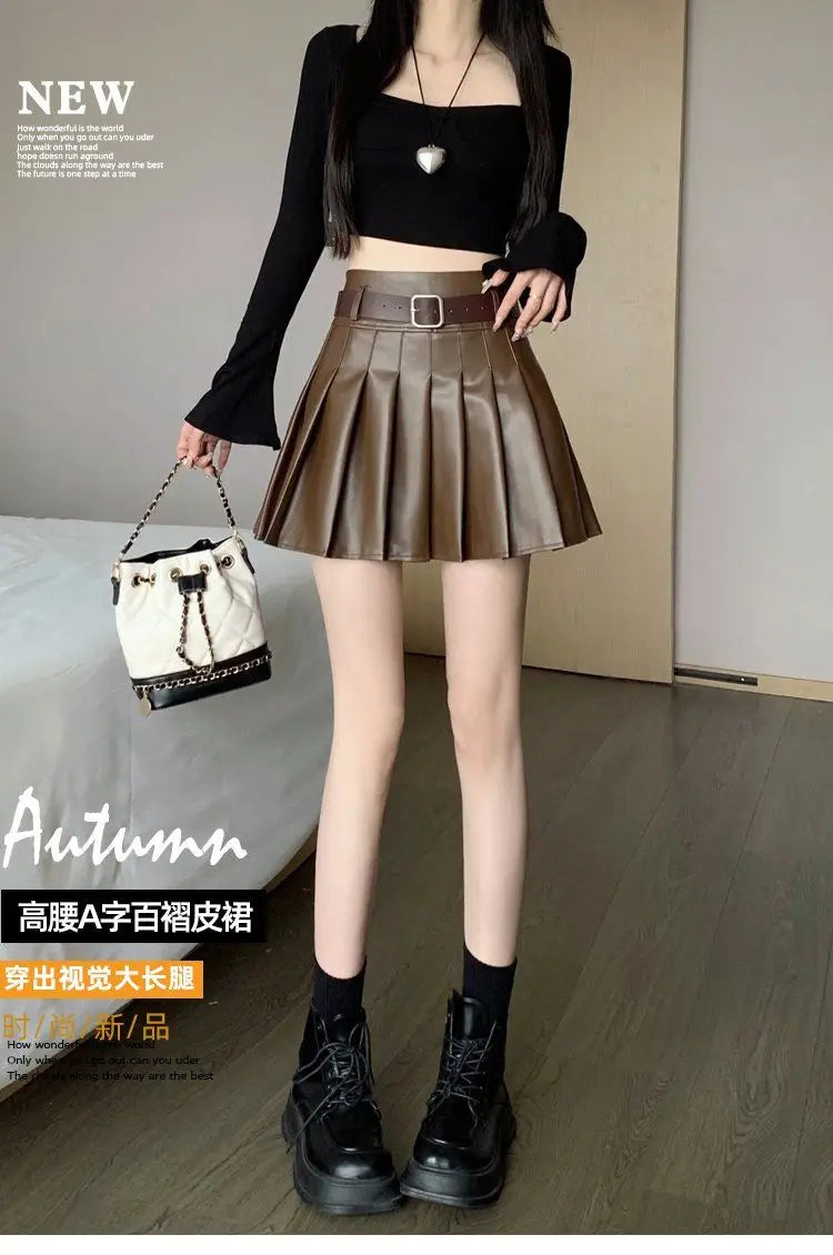 Women’s Pleated PU Mini Skirt with Belt – High-Waist, A-Line